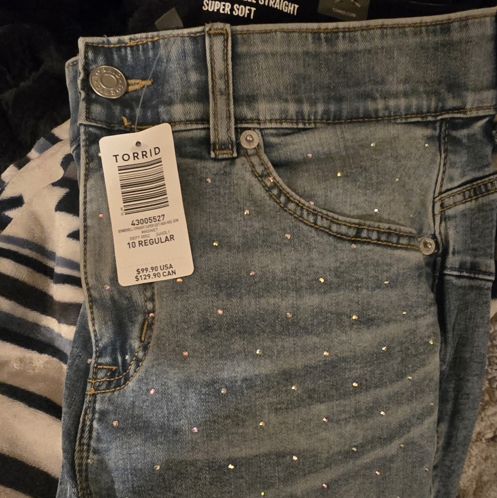 Torrid Blue Straight Leg Jeans with Rhinestone Embellishments